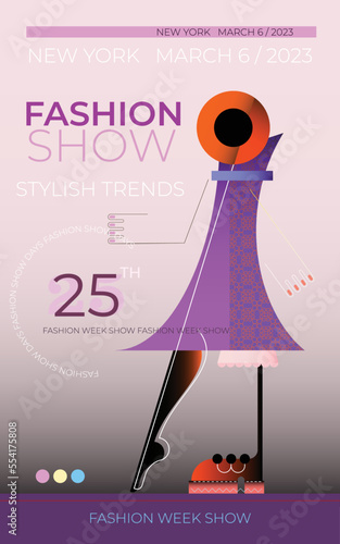 Fashion show / fashion week vector design template. Abstract image of a fashionable woman walking on the catwalk