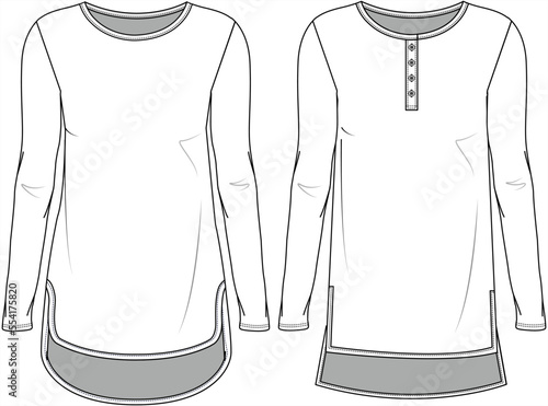 Long Sleeve Dipped Hem Long T Shirt Top, Back Long Tunic Top, Short Kurta Fashion Illustration, Vector, CAD, Technical Drawing, Flat Drawing, Template, Mockup.	