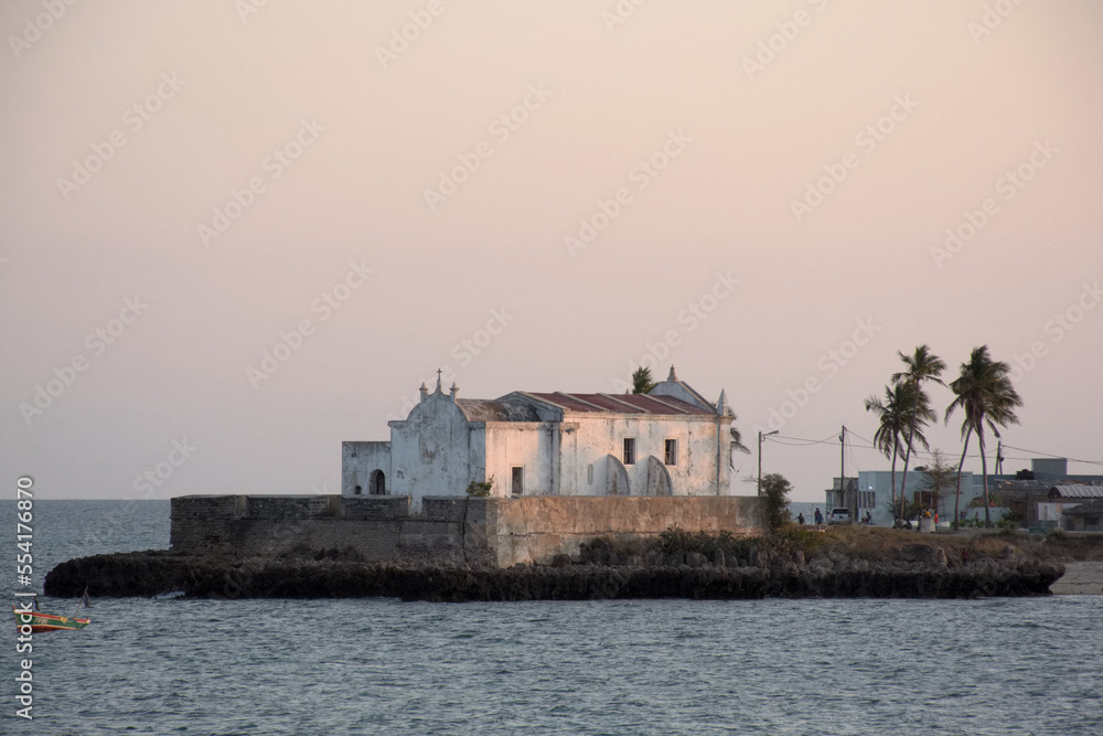 View of the Church of San Antonio in the Island of Mozambique at sunset, Mozambique