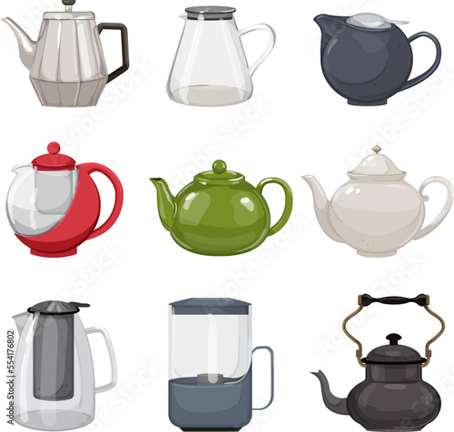 teapot tea kettle set cartoon. vintage glass, teacup pot, kitchen tableware, pottery teapot tea kettle vector illustration