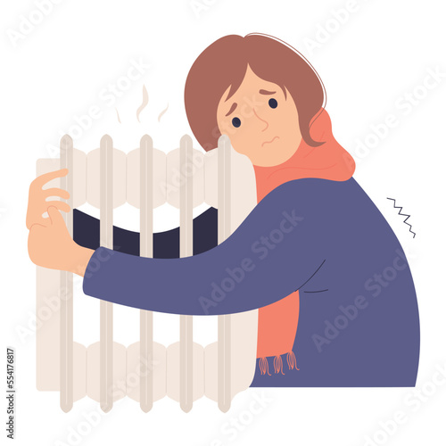 Woman freezing and shivering and heats up near warm radiator. Cartoon flat vector illustration. Concept winter season, cold, suffering of low degrees temperature and and room heat heating.