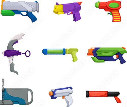 water gun toy set cartoon. summer pistol fun, festival fight, kids party play water gun toy vector illustration