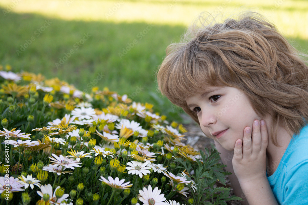 Portrait of a sweet little child enjoying flowers aroma, having fun in spring park. Little kid on meadow with wild flower. Happy child outdoors in spring field. Portrait of a sweet little child enjoying flowers aroma, having fun in spring park. Little kid on meadow with wild flower. Happy child outdoors in spring field.