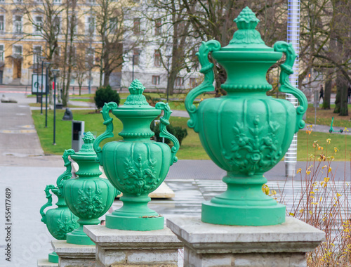 antique green vases in the park Tallin.