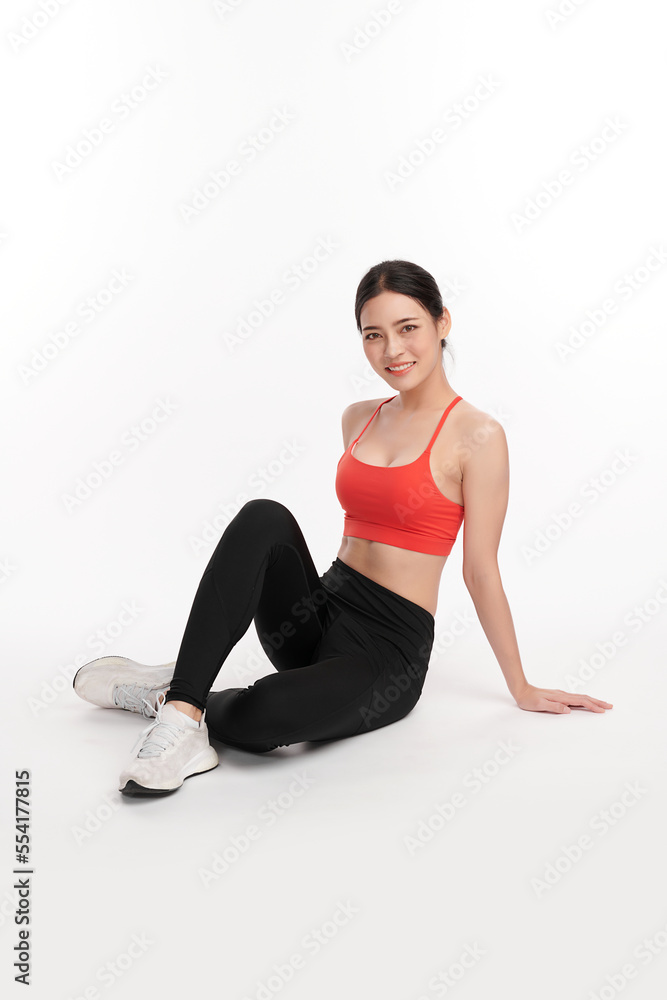 Fototapeta premium Beautiful young asian sport woman with sportswear ready for exercise on white background, Advertising sportswear and yoga wear, Healthy lifestyle, sport.