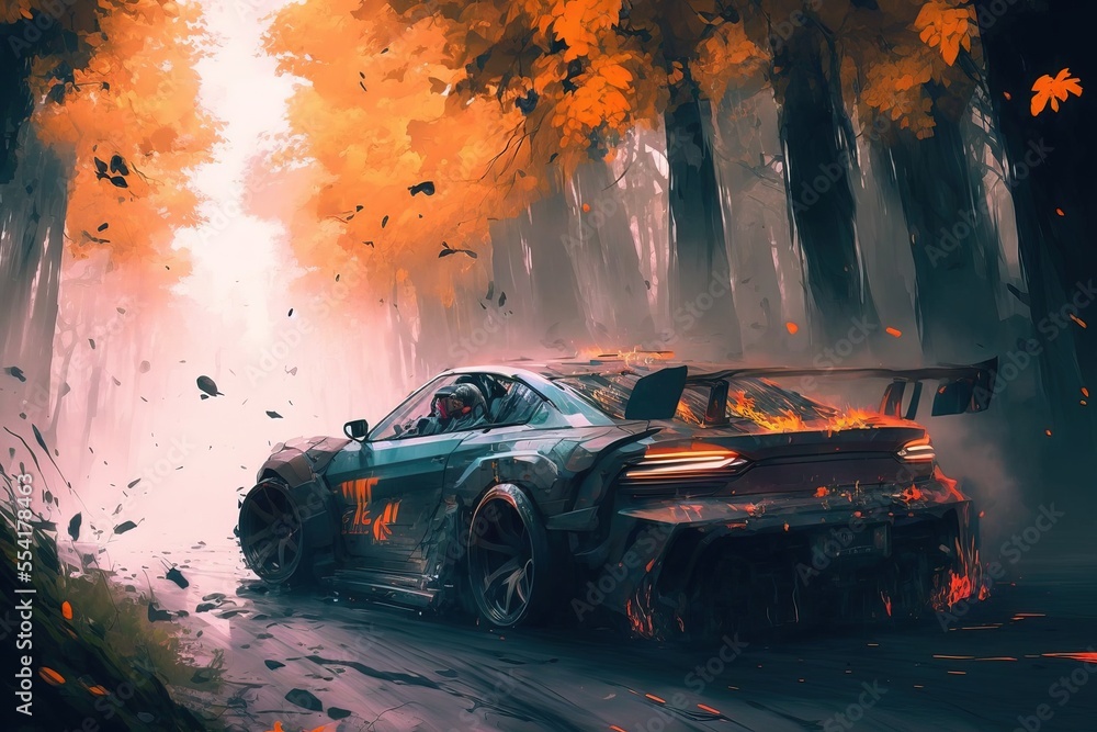  racing car drifting in the forest. Generative AI