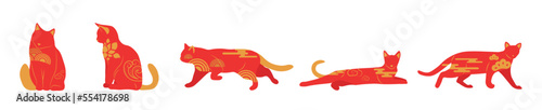 Set of red Chinese New Year cats on white background