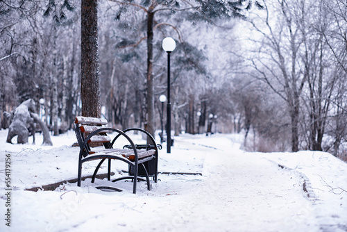 park bench on a winter alley at snowfall. bench with snow after snowstorm or in snow calamity in europe