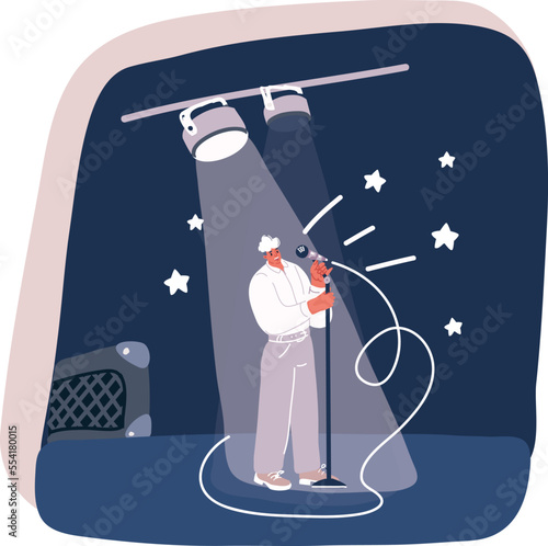 Cartoon vector illustration of Stand up comedian performance. Comedy show. A man with a microphone in his hands tells funny stories in public.