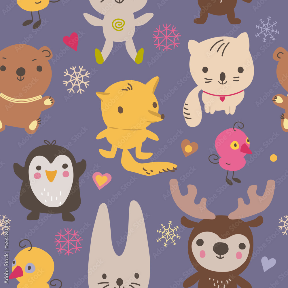 Fototapeta premium Animals hand drawn seamless pattern. Cute deer, bunny, kitty, bear, fox in sweaters, scarves cartoon winter characters.
