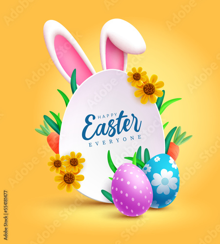 Happy easter text vector template design. Easter egg hunt holiday and kids party celebration with bunny ears and pattern eggs in yellow background. Vector Illustration.
