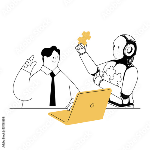 A vector illustration of a person who gets a hint from AI and works on a laptop computer.