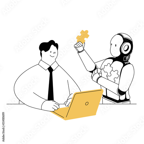 A vector illustration of a person who gets a hint from AI and works on a laptop computer.