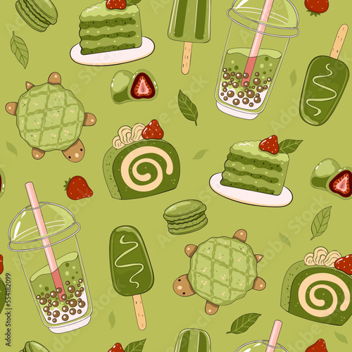 Japanese matcha desserts seamless pattern.Vector graphics.
