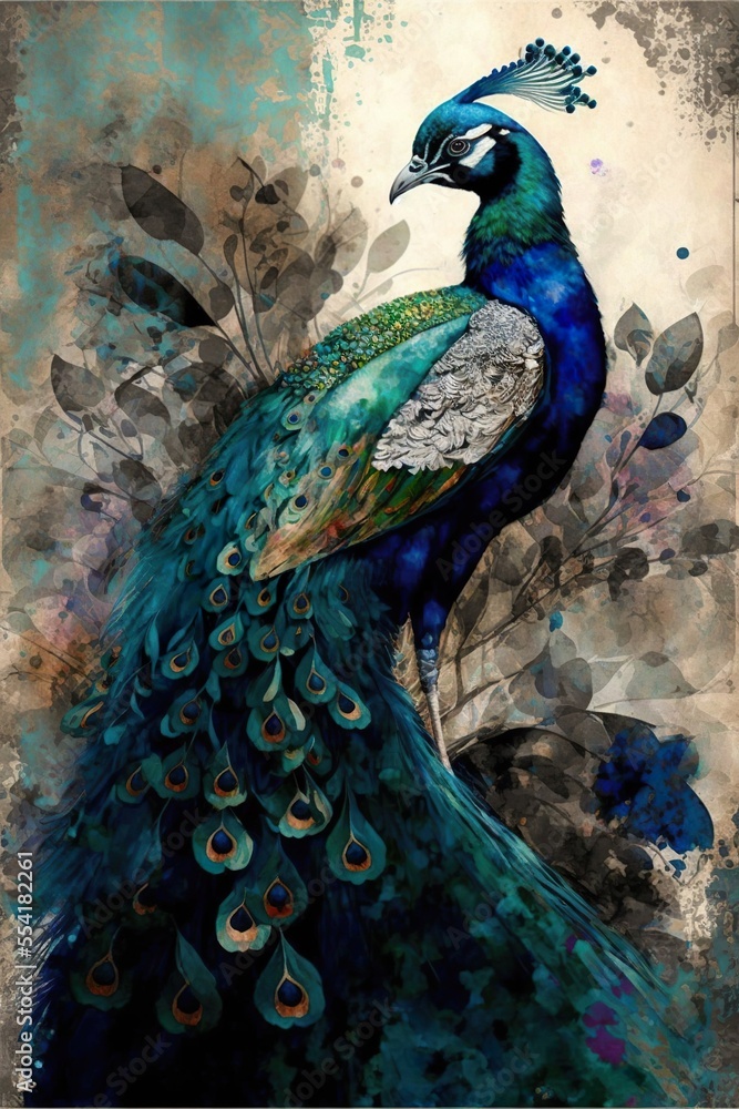 Obraz premium peacock with feathers collage created with Generative artificial intelligence, generative ai