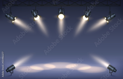 Scene with stage projectors. Studio podium with spotlights, shining scene illumination and light beam vector background