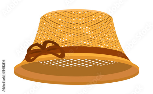 Classic woven summer woman hat to protect head from sun. Headwear made from natural materials. Mesh female panama. Cartoon vector isolated on white background