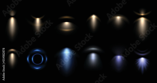 Wall lamp light effect. Spot lights illumination overlay, cold and warm lighting isolated vector set
