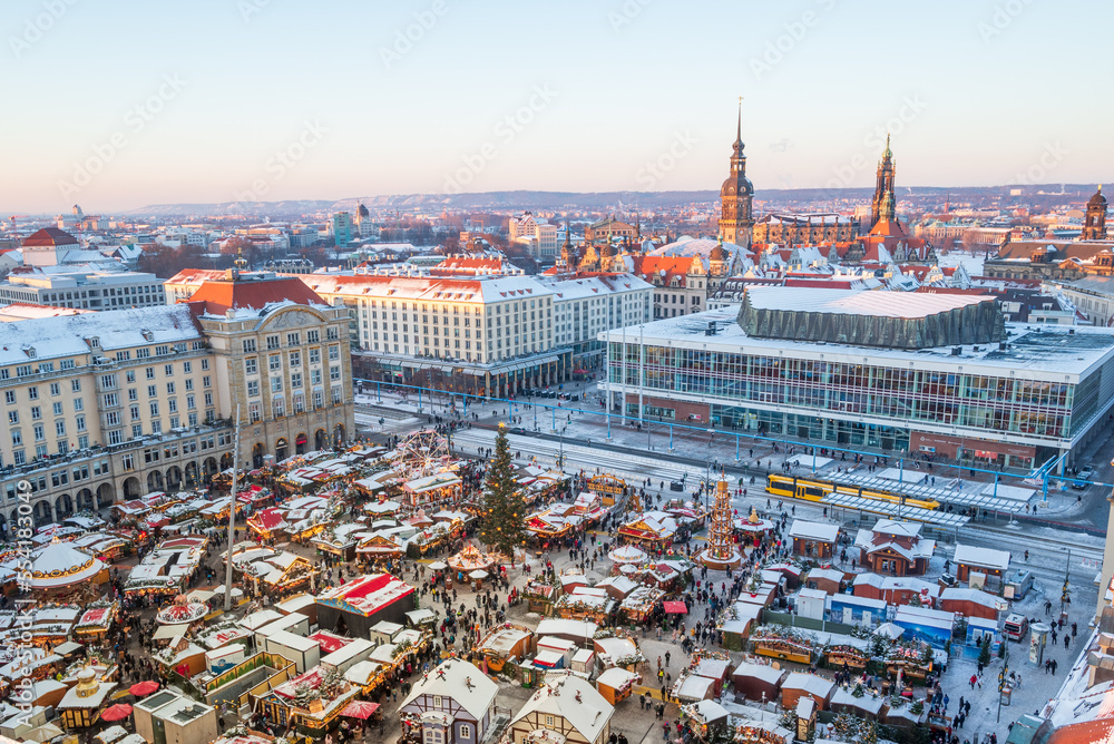 Winter panorama of Dresden from the tower of the Holy Cross Church - obrazy, fototapety, plakaty 
