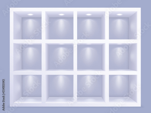 Square wall shelves with lighting. Grid cell showcase shelving with decorative lamps, empty library shelf or furniture vector background