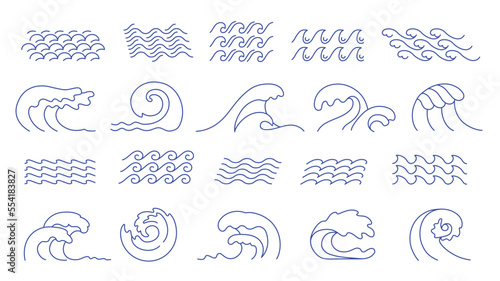 Line waves. Ocean surf curl  sea wave crest and water surface swing. Line art lake  doodle aqua and river vector icons set