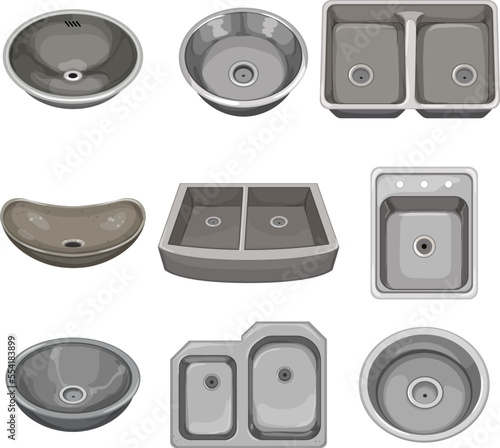 metal sink set cartoon. kitchen faucet, interior home, modern steel, silver tap, stainless metal sink vector illustration