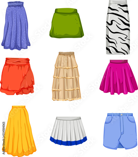 skirt fashion set cartoon. girl woman  clothes textile  clothing apparel  garment fabric  model skirt fashion vector illustration