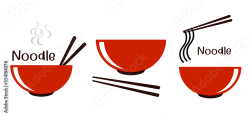 Red bowl logo set with chopsticks, smoke and noodle sign isolated on white background vector illustration.