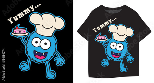 Funny little monster chef cook with a plate of cake illustration for kids t shirt design