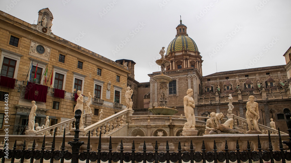 Baroque fountain on piazza Pretoria, Palermo, sicily, italy