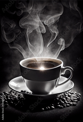 A cup of smoking hot coffee surrounded by coffee beans
