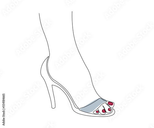 a woman's foot in a sandal, shoes with a heel drawn with a monoline, one line art, contour. logo of a woman, shoe store