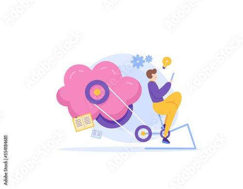 train the brain to strengthen the mind, strengthen the body and mind, strive and learn to be smart. a learner reads a book and pedals. design illustration concept. graphic elements
