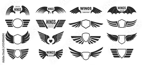 Wings badges. Heraldic shield with flying bird wings, fast frame for biker tag and air force army military aviation emblem vector set