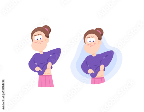 a woman is uncomfortable with surgery or caesarean scars. insecure, stitches, mother gave birth. character illustration concept design. graphic elements