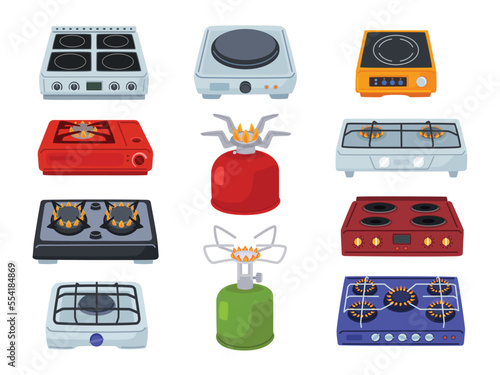 Cartoon stoves. Kitchen electric hob, camping stove gas burner and cooking fire vector illustration set