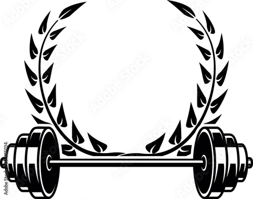 Emblem template with barbell and wreath. Design element for logo, sign, emblem. Vector illustration