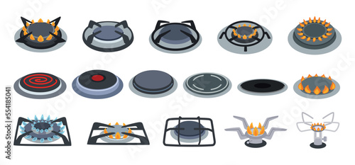 Stove burners. Electric and gas cooker, hob burner with fire flame heat and induction plate cartoon vector set
