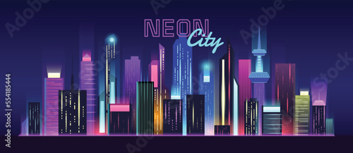 Futuristic city. Neon town cityscape with glowing skyscrapers, panoramic urban architecture vector background illustration © WinWin