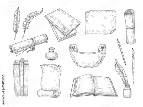 Sketch literature writing. Vintage writers quill ink pen, poem book and manuscript papers scroll. Hand drawn literature vector set