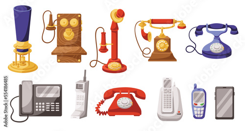 Phone evolution. Telephone history from invention to modern, old vintage phone and smartphone gadget cartoon vector set