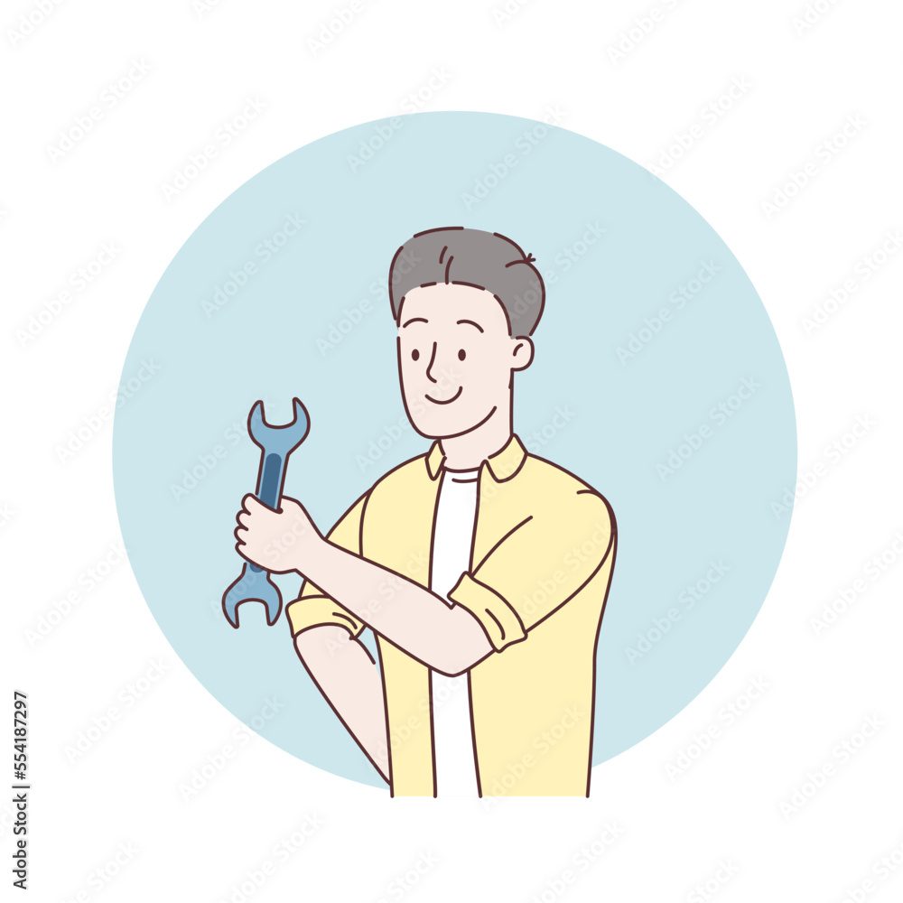 A man holds a wrench. Repairman holding a wrench. Smiling young mechanic in uniform. Craftsman, workman, technician specialist character with the tool. Job profession. Flat design. Vector illustration A man holds a wrench. Repairman holding a wrench. Smiling young mechanic in uniform. Craftsman, workman, technician specialist character with the tool. Job profession. Flat design. Vector illustration