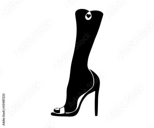 black and white female foot in a heeled shoe. Logo of a woman, shoe store
