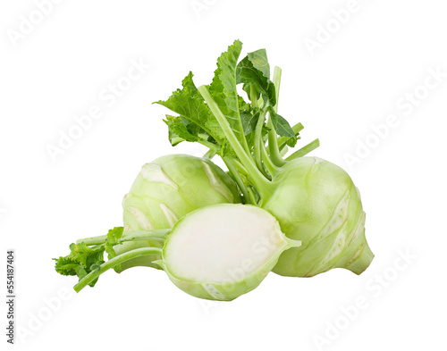 Fresh kohlrabi with green leaves on transparent png photo