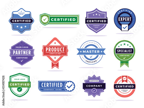 Certified badge. Company partner tag, checked expert or master accreditation stamp and product certification mark vector set