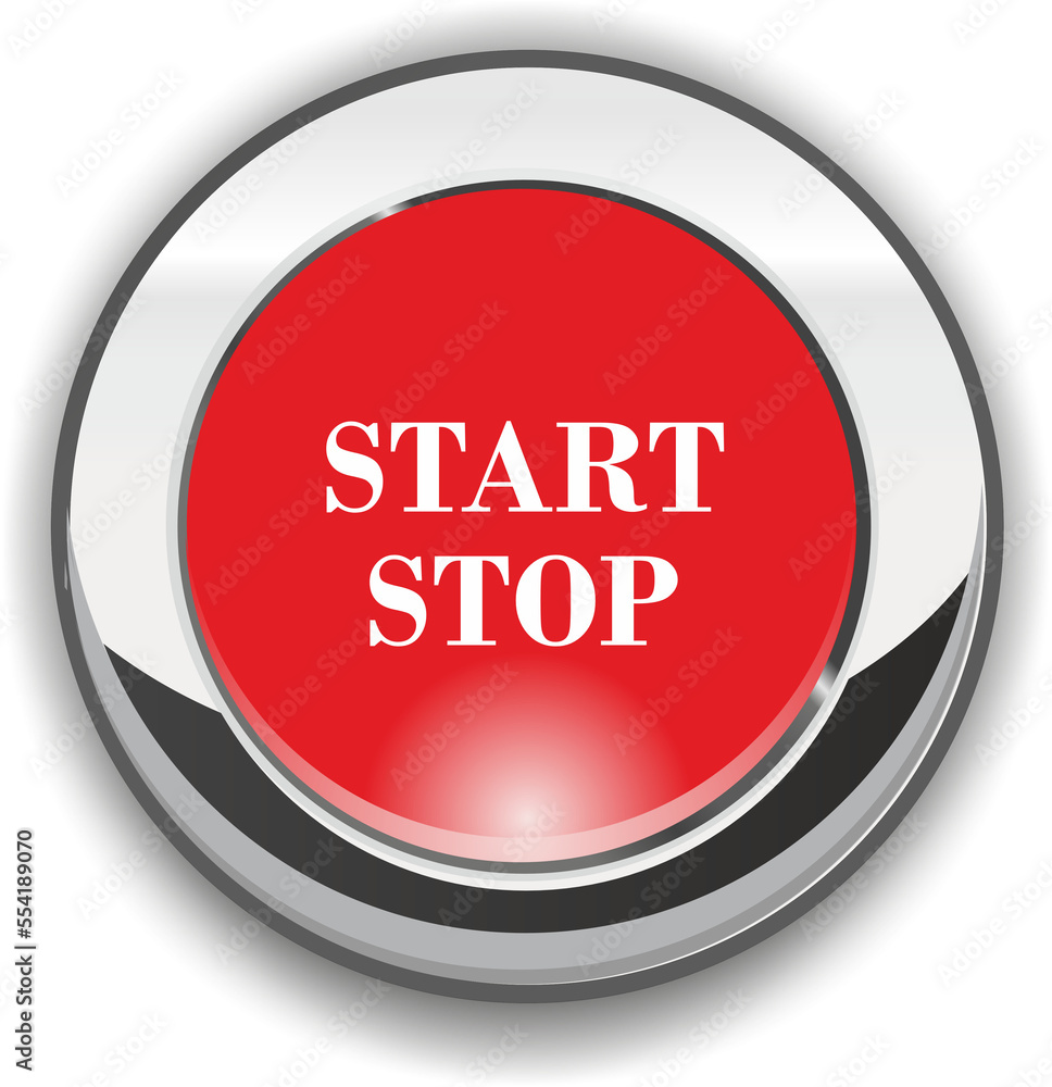 the words 'start, stop' written on a metallic red button the words 'start, stop' written on a metallic red button