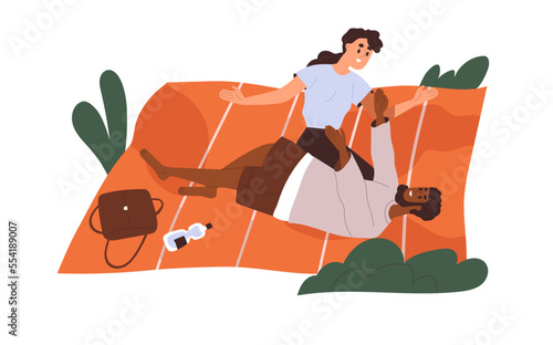 Love couple relaxing on picnic blanket on summer holiday. Happy mixed biracial man and woman, time together in nature, outdoor on vacation. Flat vector illustration isolated on white background