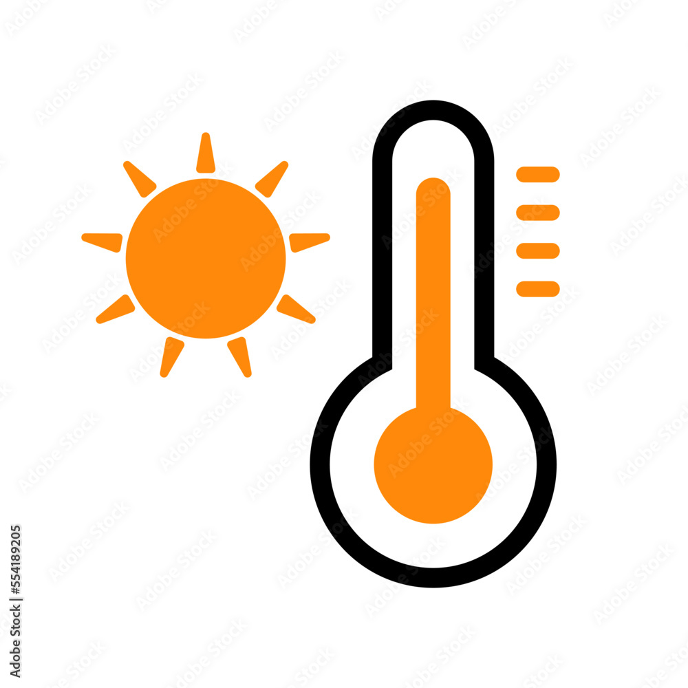 Midsummer thermometer icon. High temperature thermometer and sun. Vector. Midsummer thermometer icon. High temperature thermometer and sun. Vector.