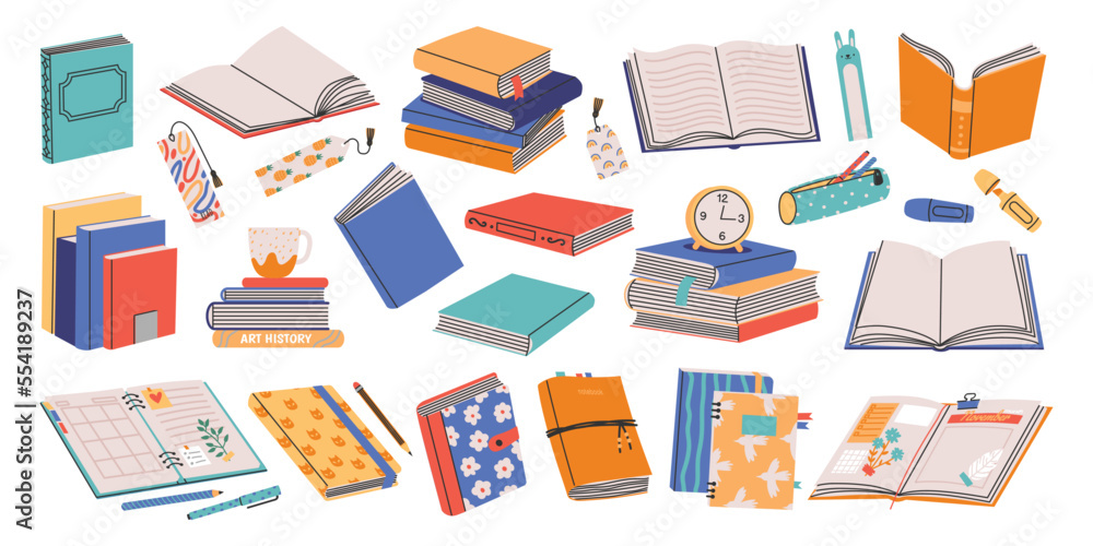 Books collection. Stack of open closed paper notebook diary textbook dictionary planners with bookmarks, cartoon literature objects. Vector colorful collection - obrazy, fototapety, plakaty 
