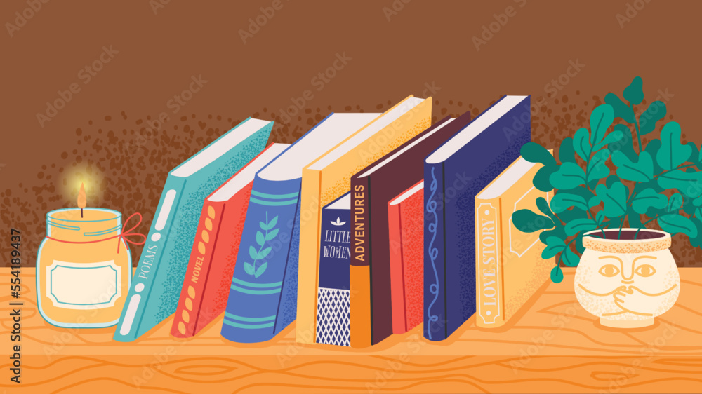 Bookshelf. Pile of books in bookcase, bookshop bookstore school archive library row shelf with textbook encyclopedia stack cartoon style. Vector colorful set